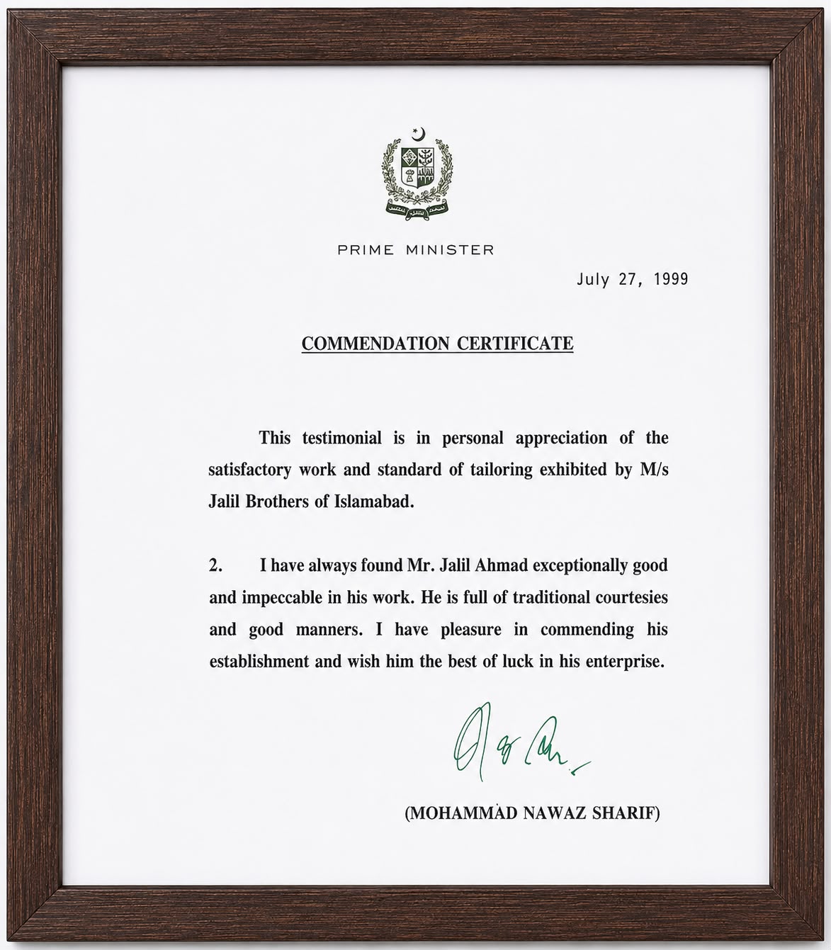 Prime Minister of Pakistan commendation presented to Jalil Brothers